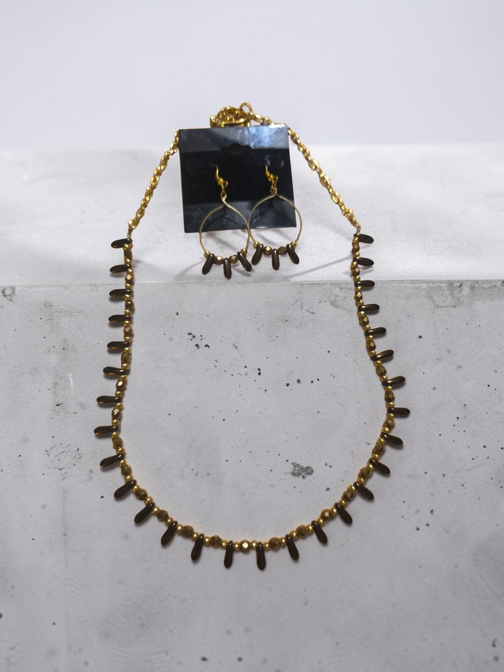 Gold Beaded Fringe Necklace and Hoop Earring Set